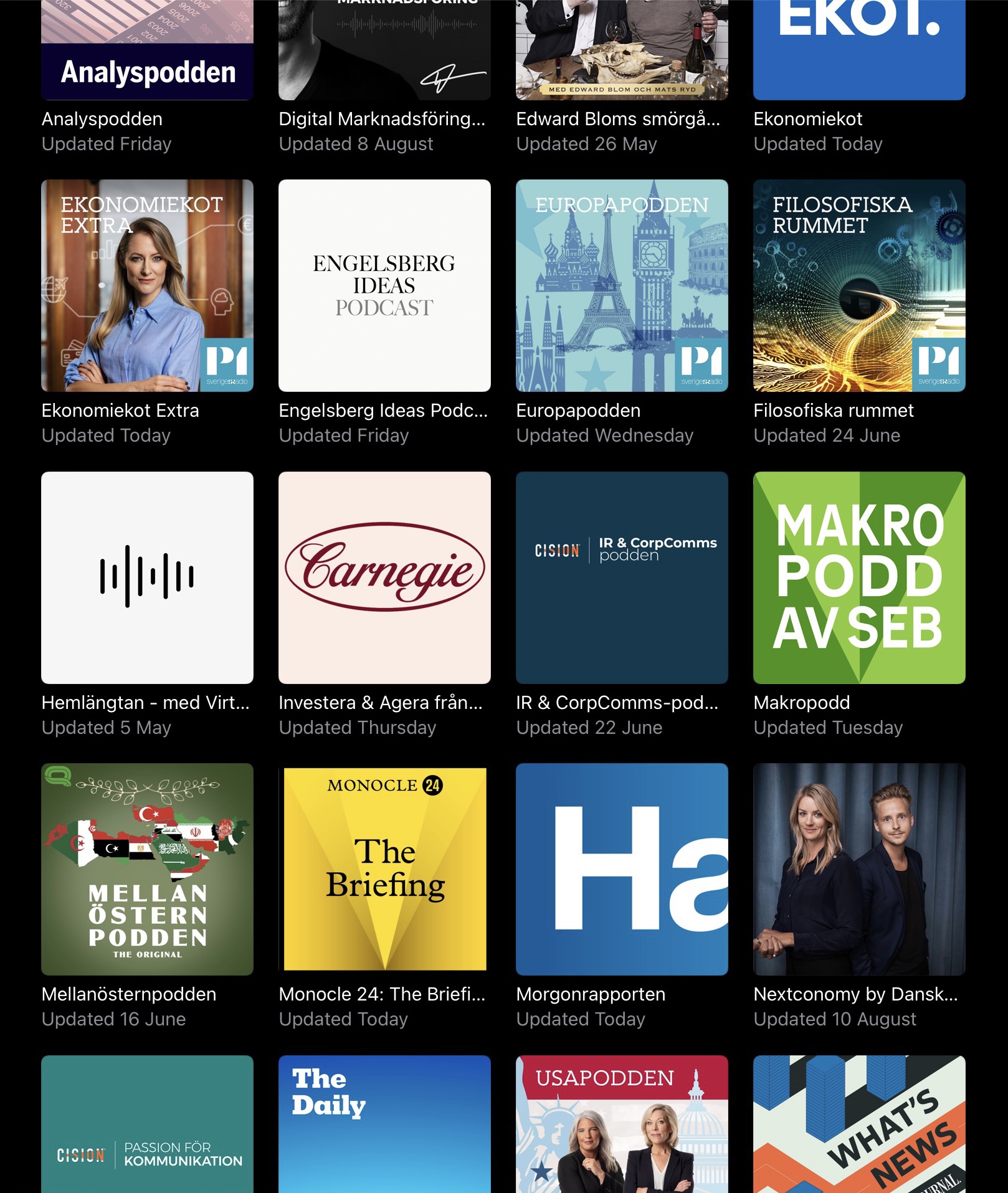 A collection of podcast covers displayed in a grid format, showcasing various titles and themes.