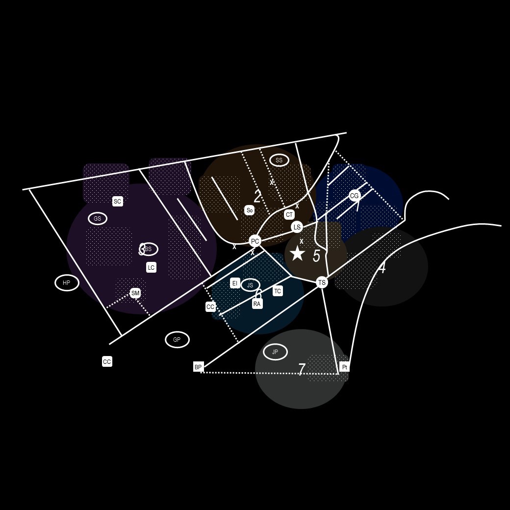Abstract diagram featuring geometric shapes and numbered sections in a monochromatic colour scheme.