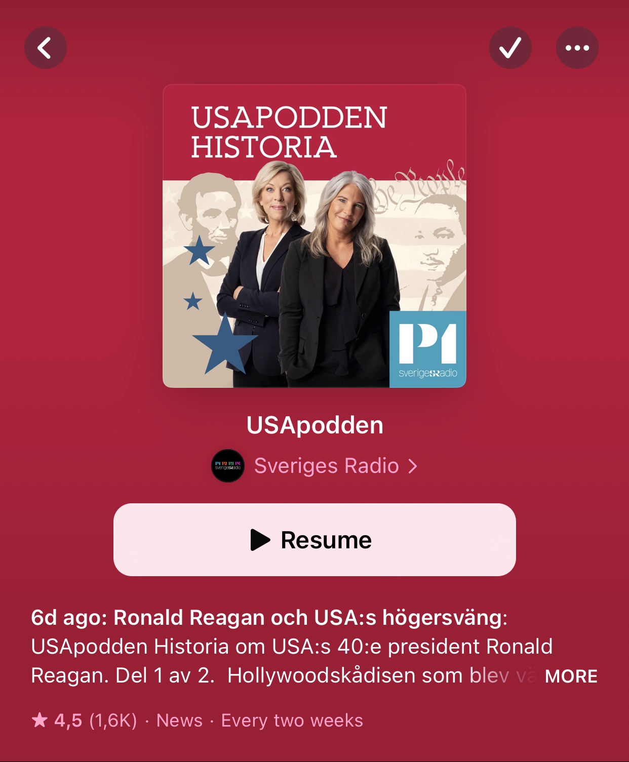 Cover art for the podcast 'USApodden Historia' featuring two women and images of Ronald Reagan.