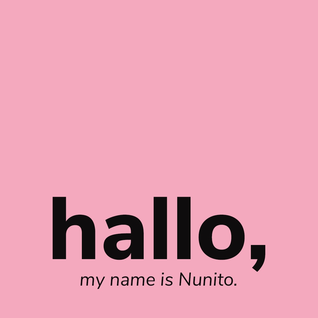 Text graphic with a pink background displaying the word 'hallo,' and the phrase 'my name is Nunito.' in bold typography.