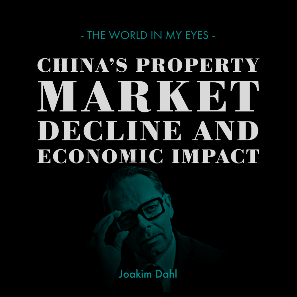 Graphic design featuring the title 'China's Property Market Decline and Economic Impact' with a portrait of Joakim Dahl.