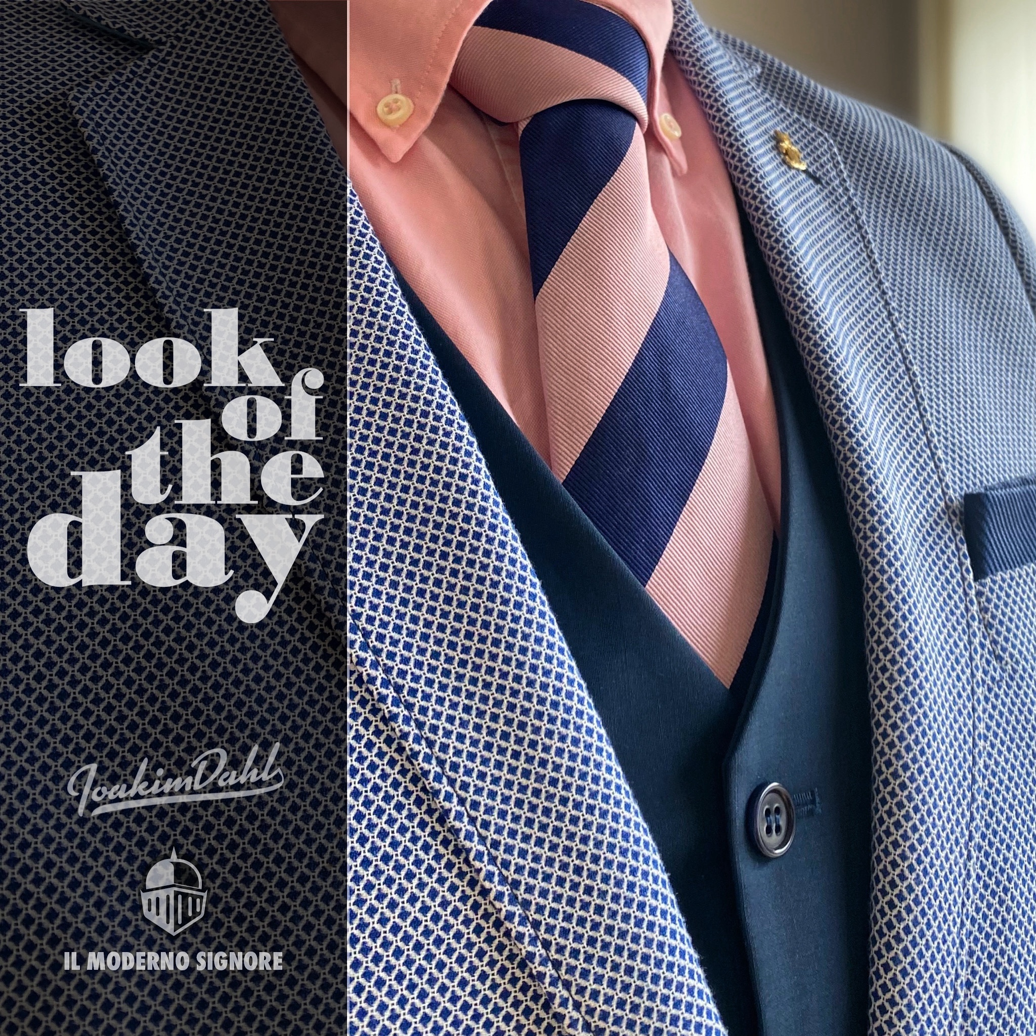Close-up of a man in a patterned suit with a pink shirt and a striped tie, showcasing a formal outfit.