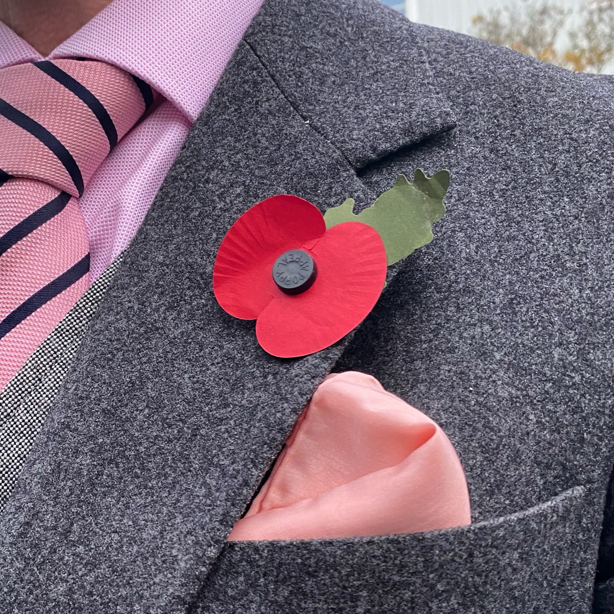 Red poppy flower pin worn on a grey suit lapel, accompanied by a pink shirt and striped tie.