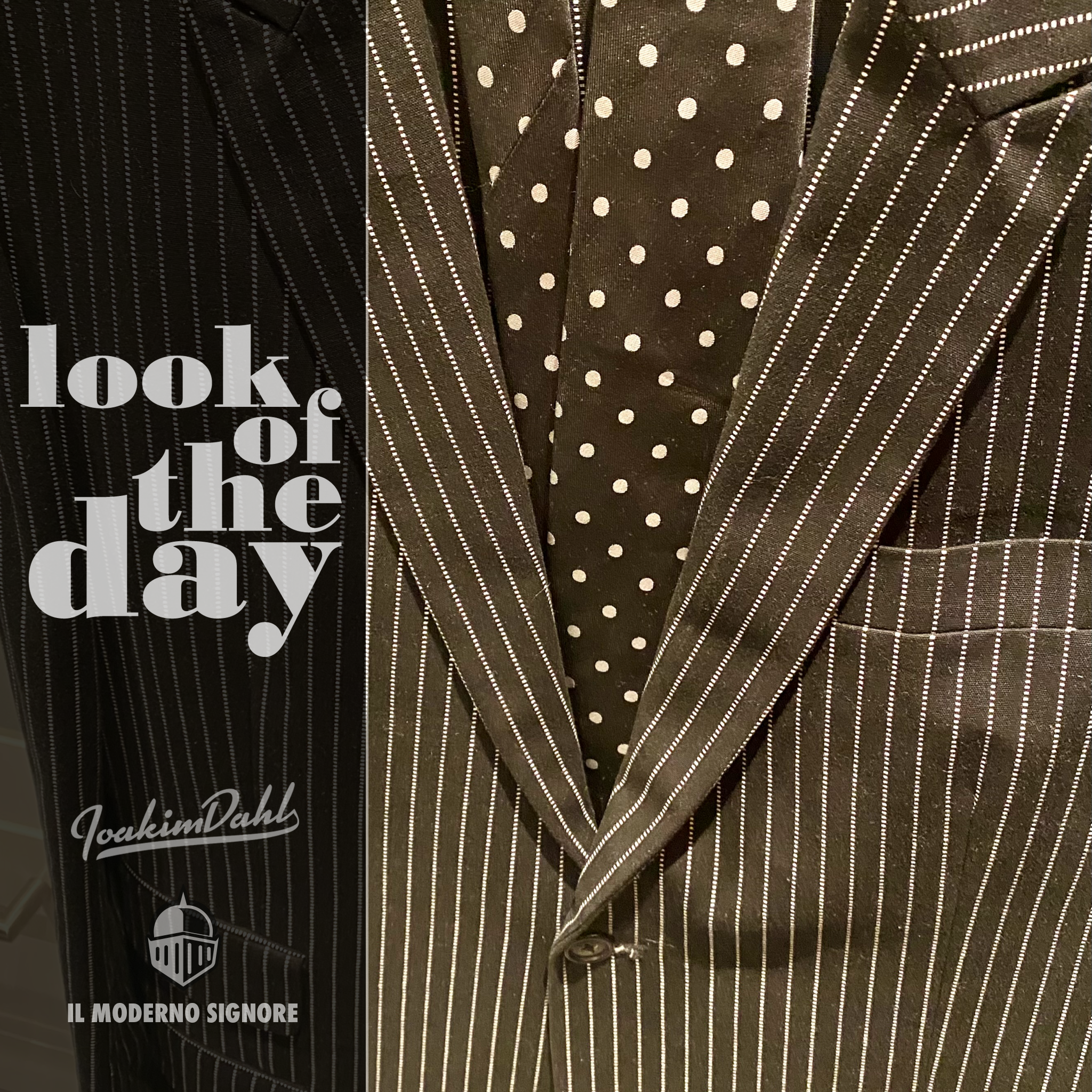 Pinstriped suit jacket with a polka dot tie and pocket square, showcasing a formal attire style.