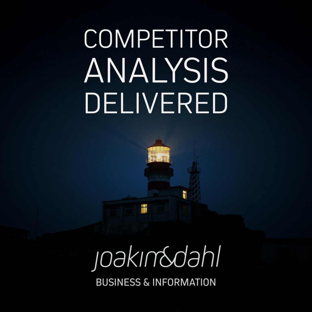 Lighthouse illuminated at night with the text 'COMPETITOR ANALYSIS DELIVERED' and branding for Joakim Dahl.