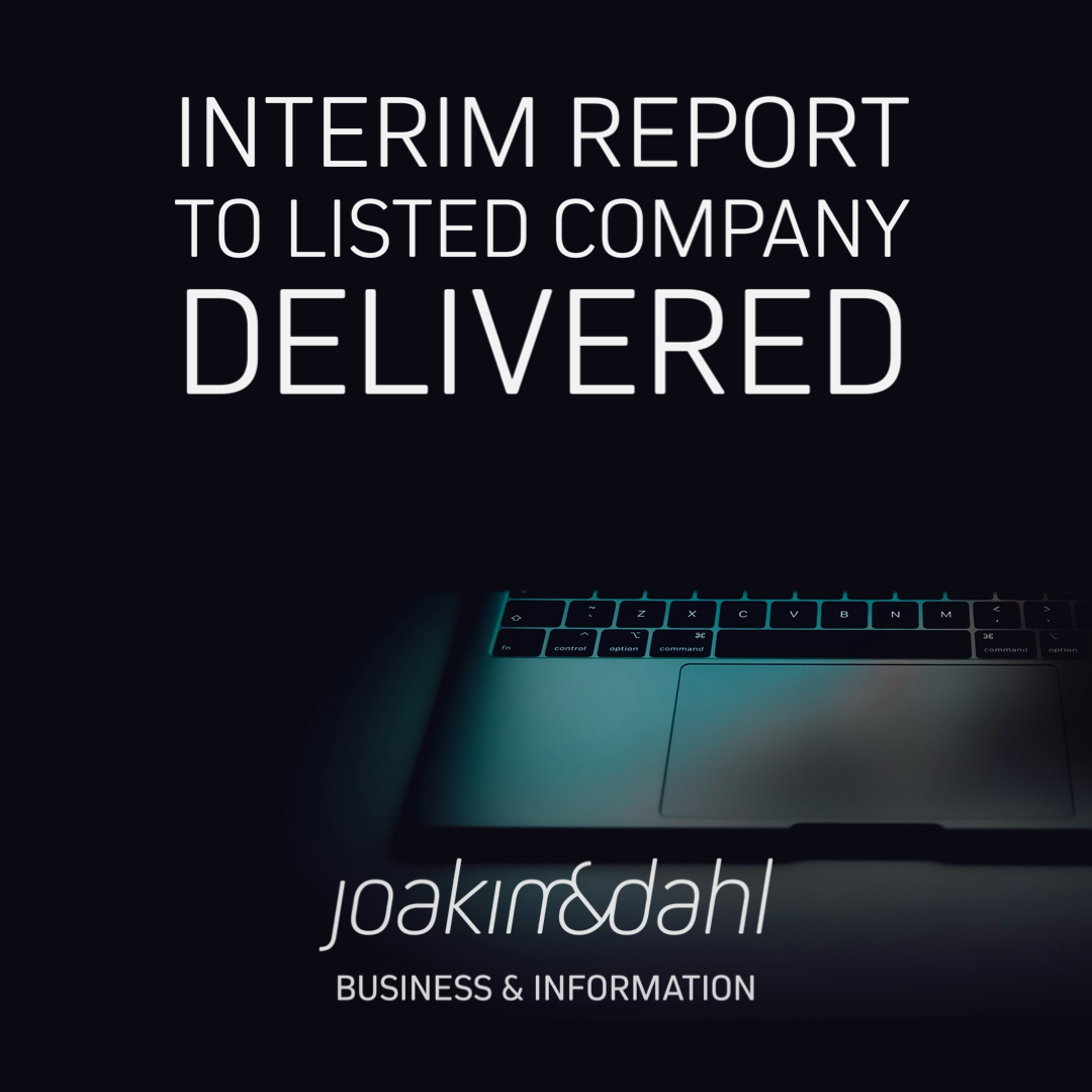 Text stating 'INTERIM REPORT TO LISTED COMPANY DELIVERED' above a laptop keyboard with a dark background.