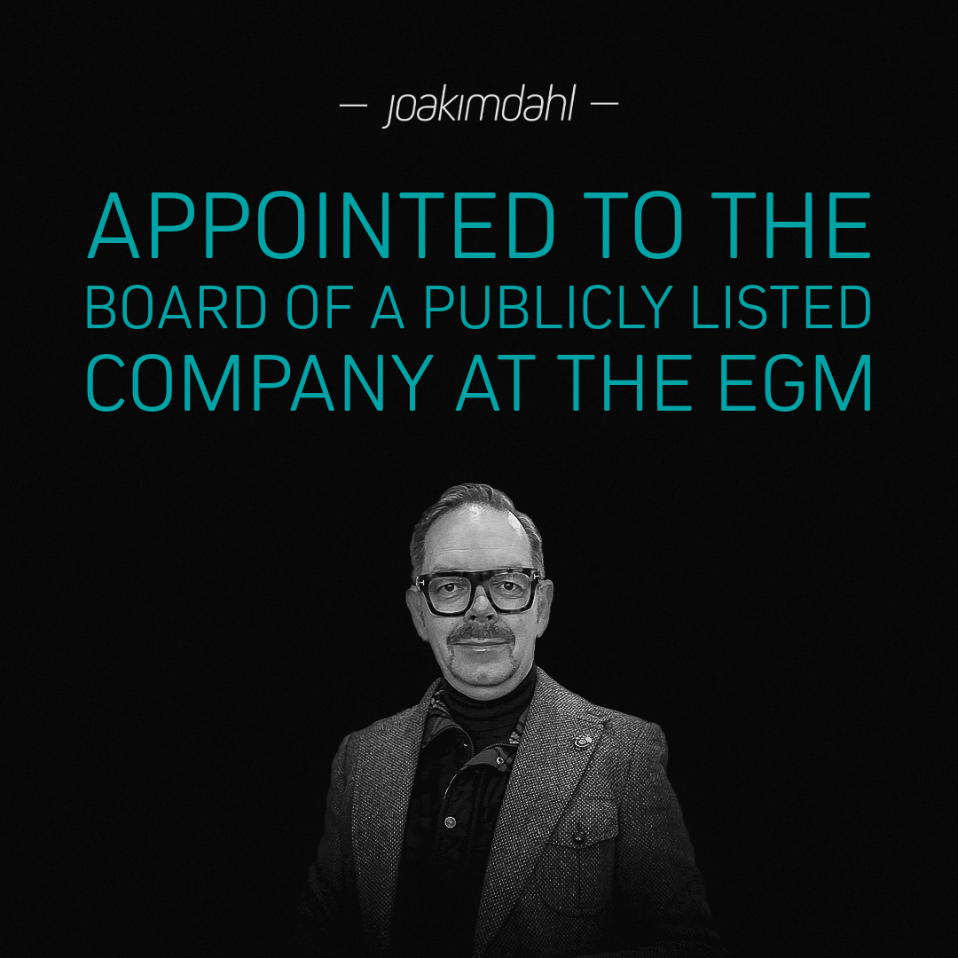 Joakim Dahl appointed to the board of a publicly listed company at the EGM, wearing glasses and a suit.