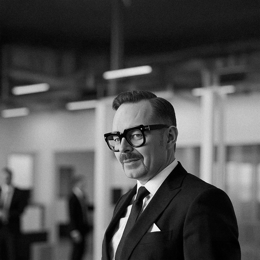 A man in a suit with glasses and a moustache, posing in a professional environment.