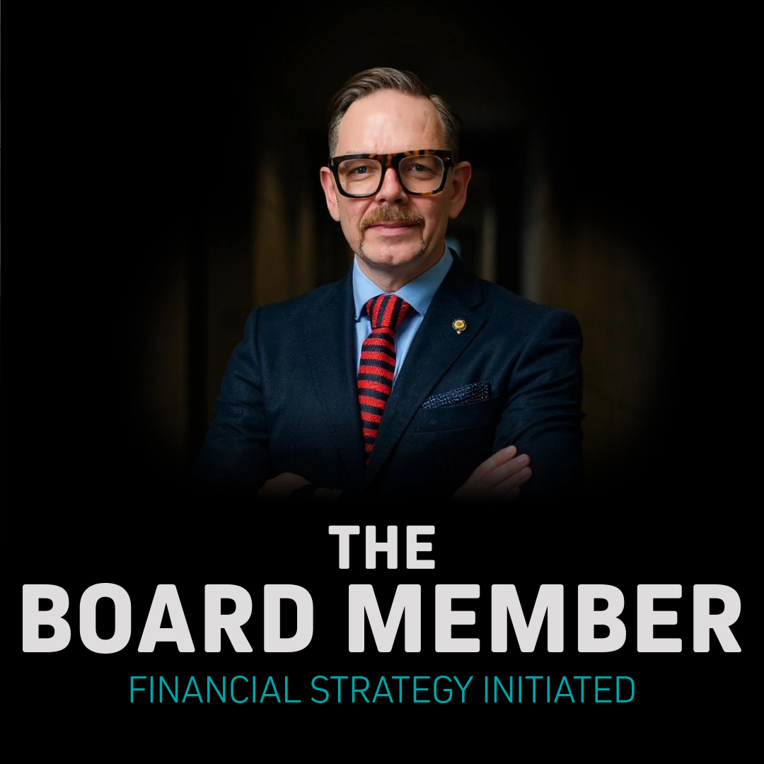 A man in formal attire with glasses and a moustache, standing confidently with arms crossed, captioned 'The Board Member'.