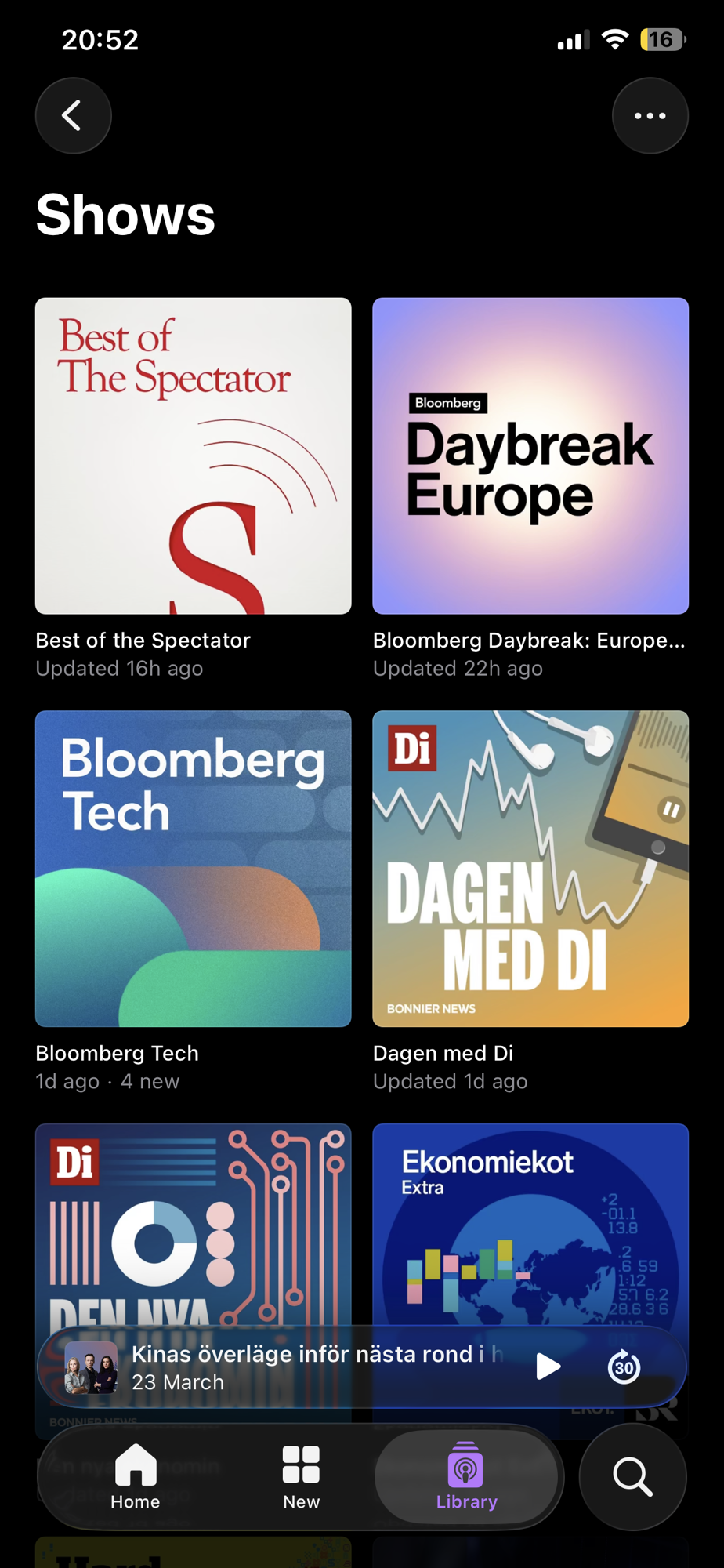 Mobile screen showing podcast shows: Best of The Spectator, Bloomberg Daybreak Europe, Bloomberg Tech, Dagen med Di and Ekonomiekot Extra.
