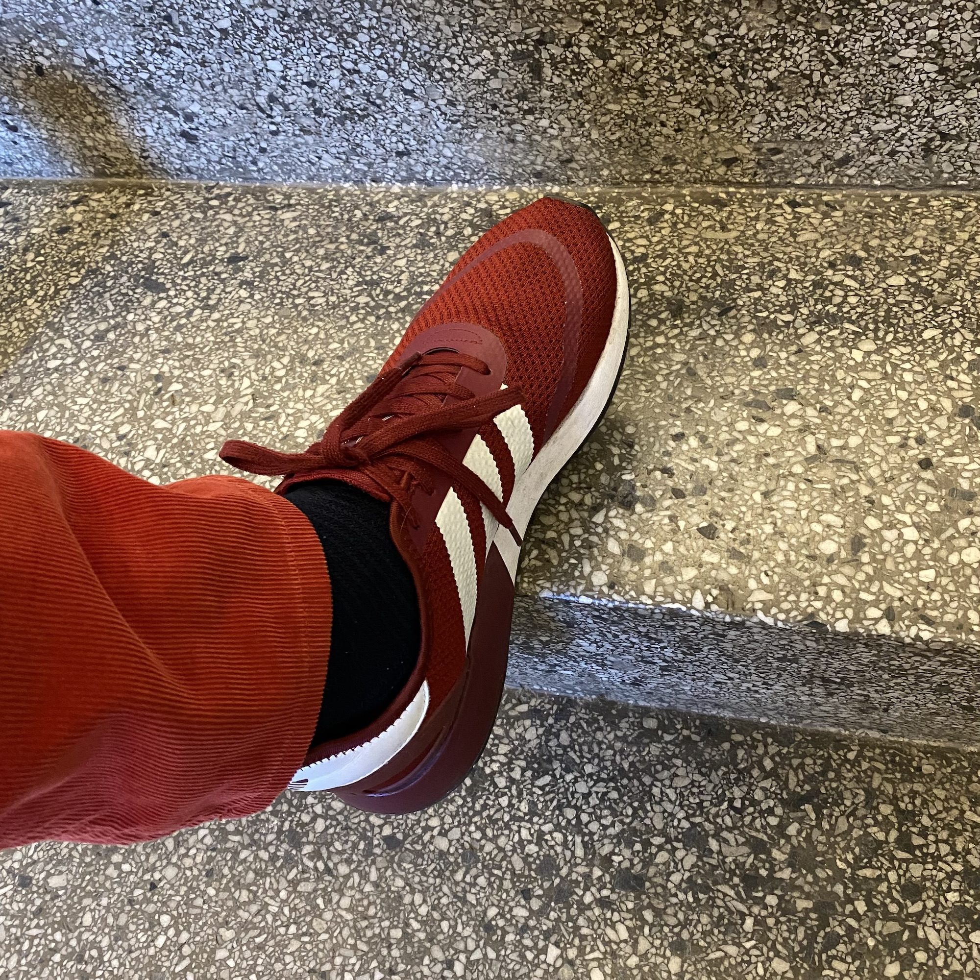 Burgundy Adidas trainer with white stripes and laces resting on terrazzo pavement, reflecting the burgundy theme from a board meeting post.