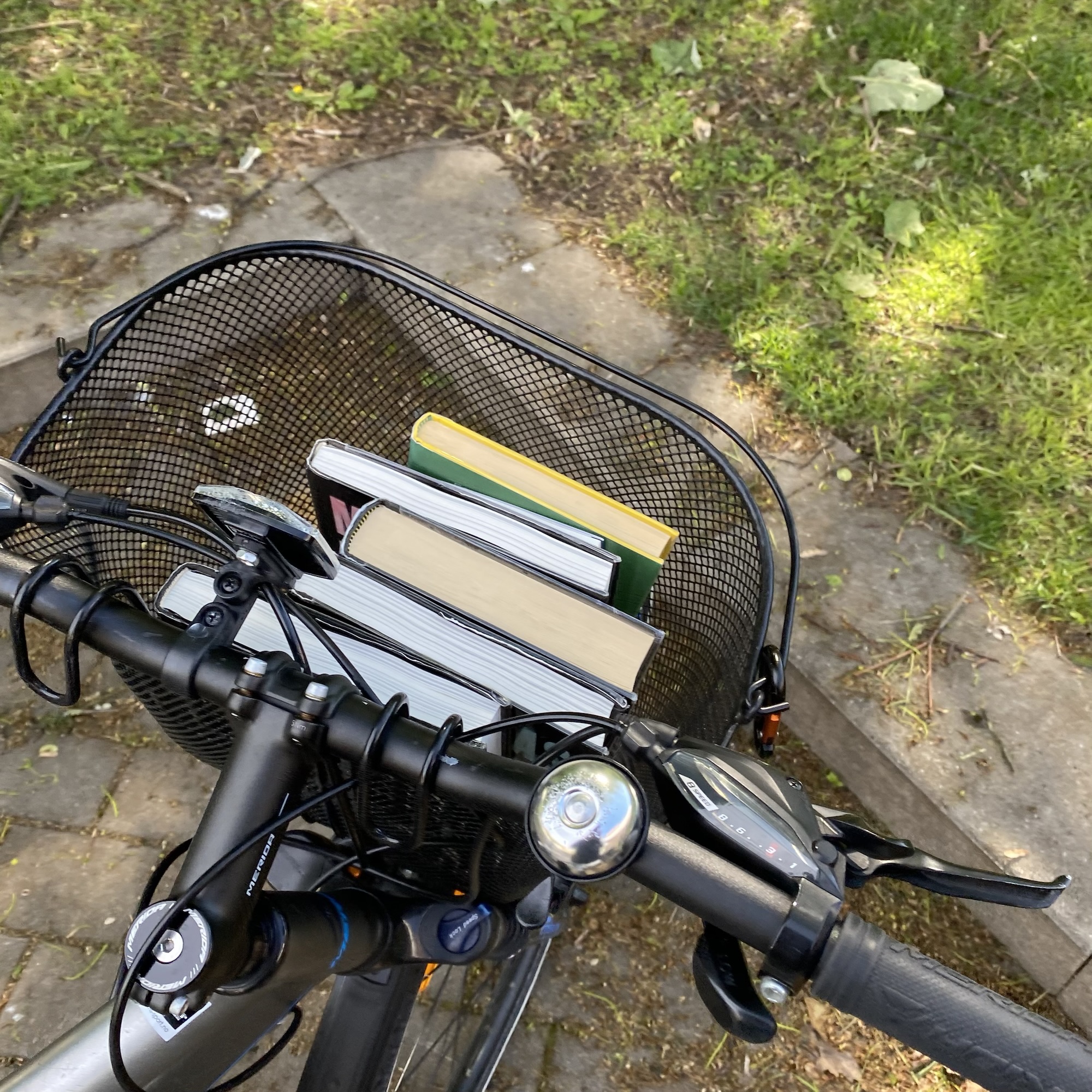 Black bicycle basket filled with books on a stone path beside green grass, echoing a weekend ride to the library and a relaxed reading routine.