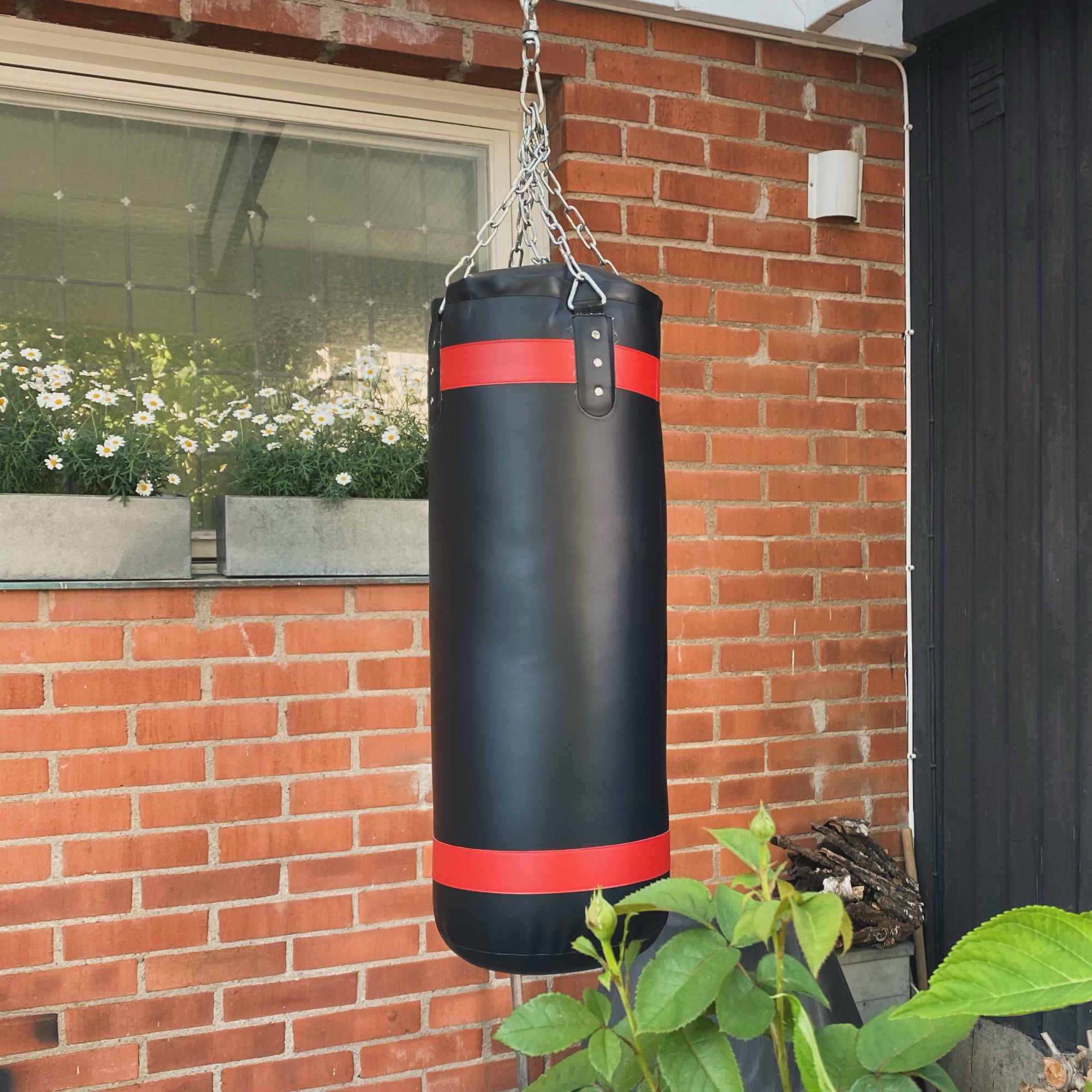 A black-and-red punching bag hangs beside a brick wall and window box filled with white daisies in a garden setting.