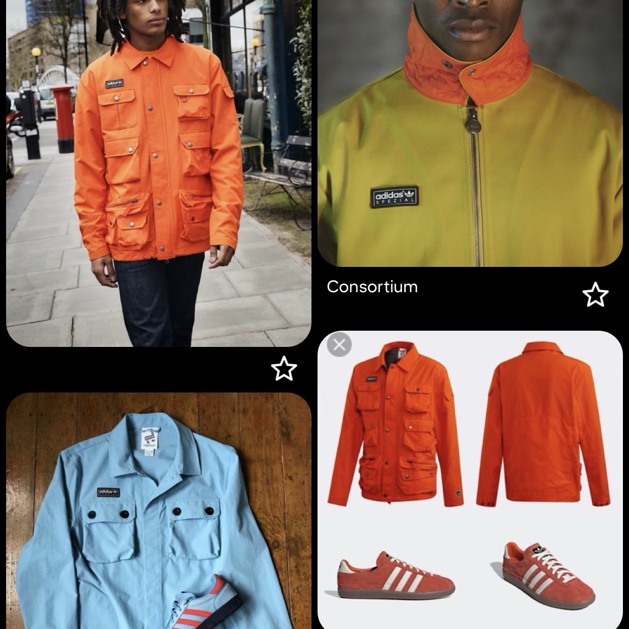 A street-style collage pairs an orange adidas SPZL utility jacket with a yellow-green zip jacket, a blue shirt and red trainers.