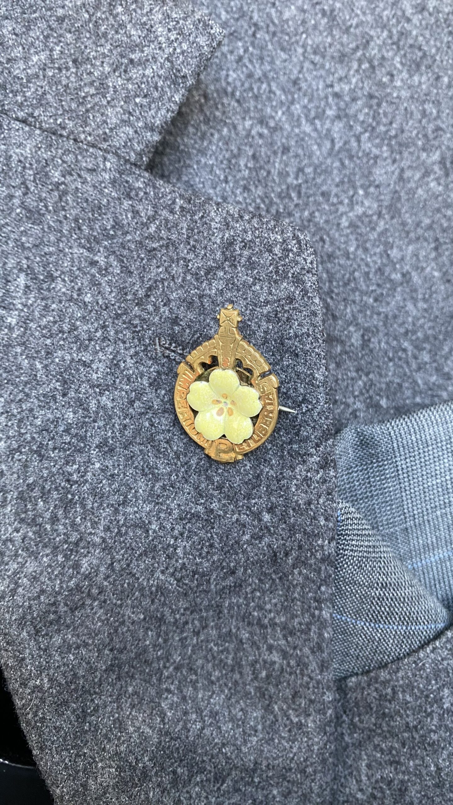 A gold Primrose League badge with a pale yellow flower is pinned to a grey wool jacket, recalling its Victorian history.
