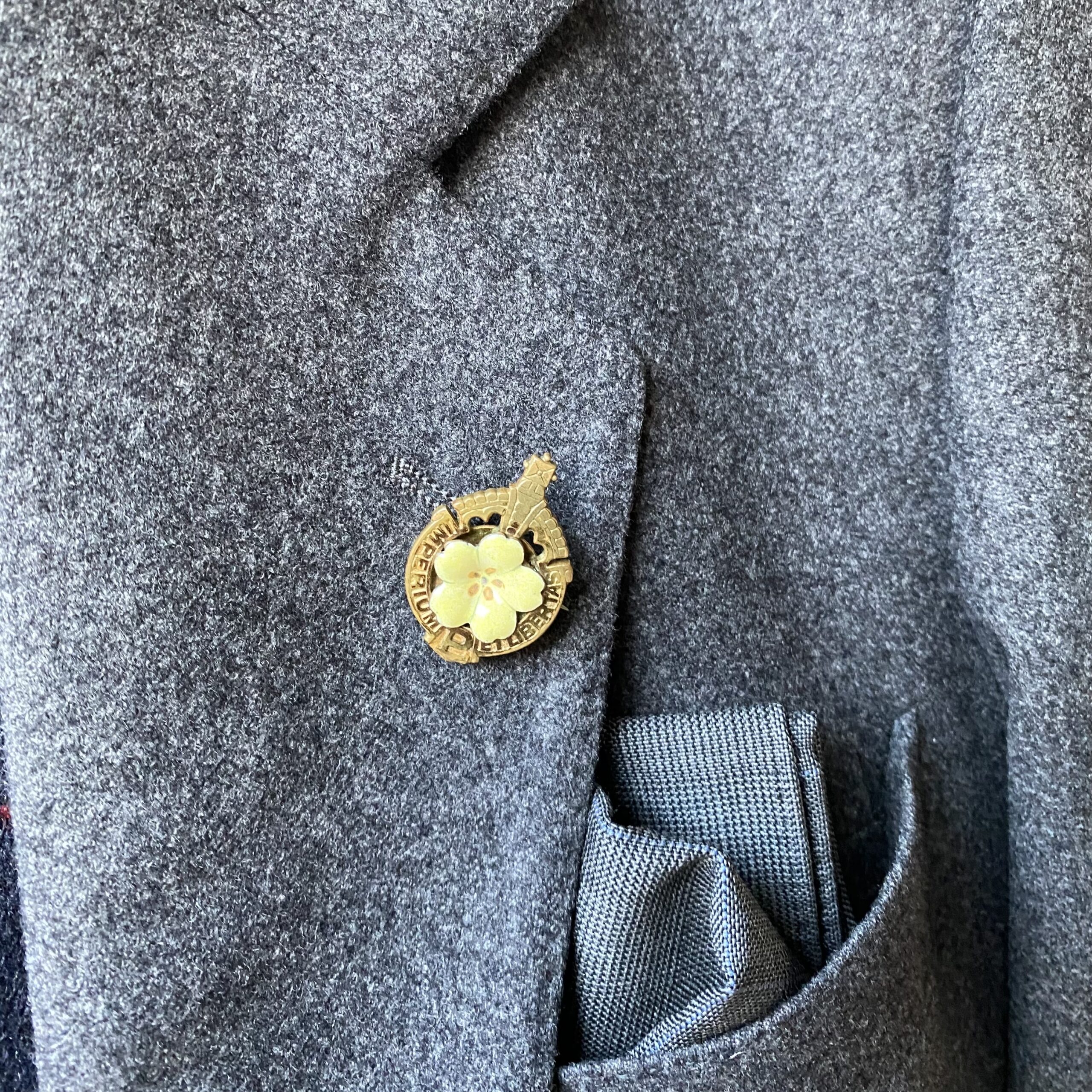 A gold Primrose League badge with a pale yellow flower is pinned to a grey wool coat beside a folded pocket square.