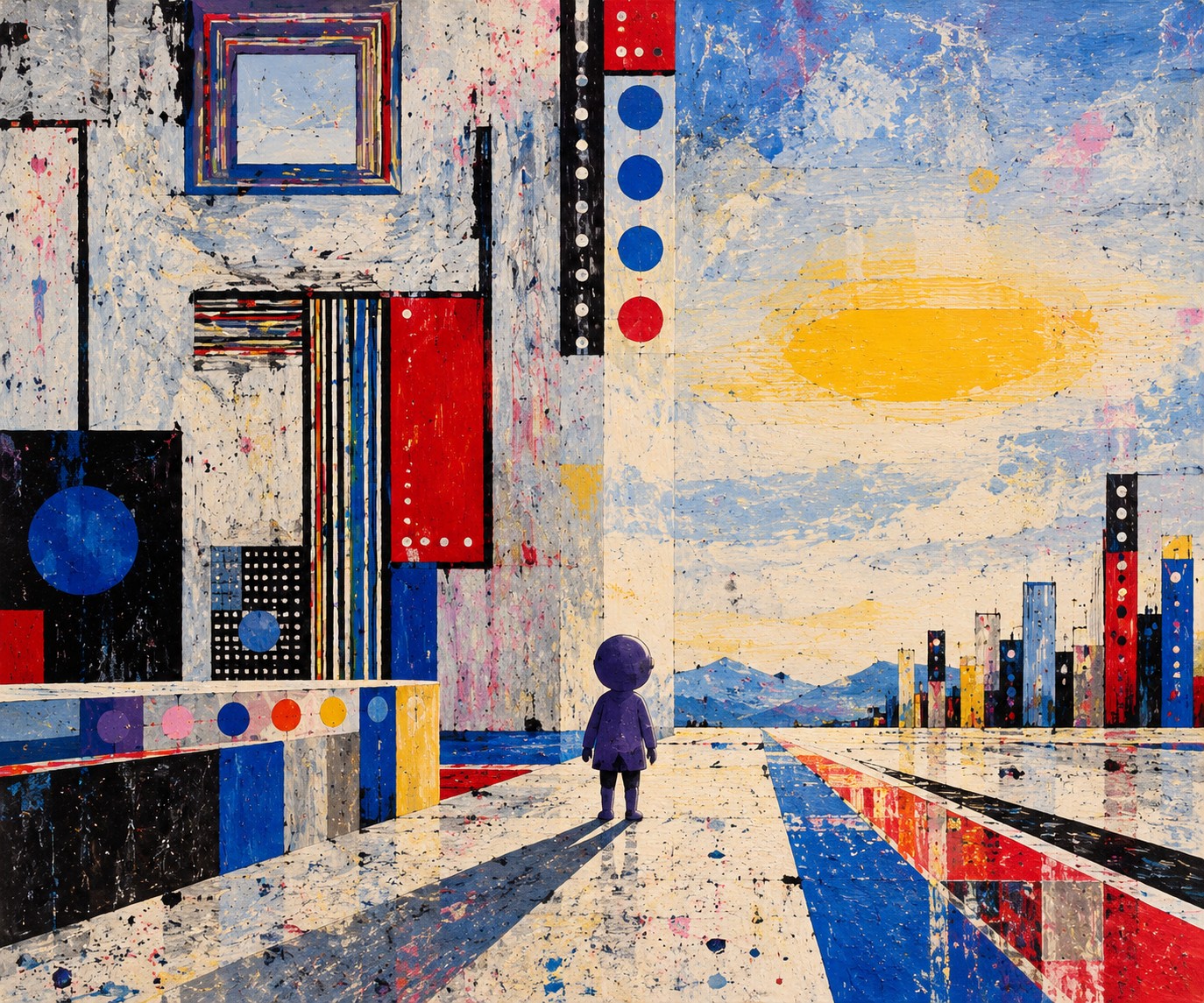 A small explorer faces an abstract city of geometric buildings, colourful shapes and a bright path stretching to the horizon.