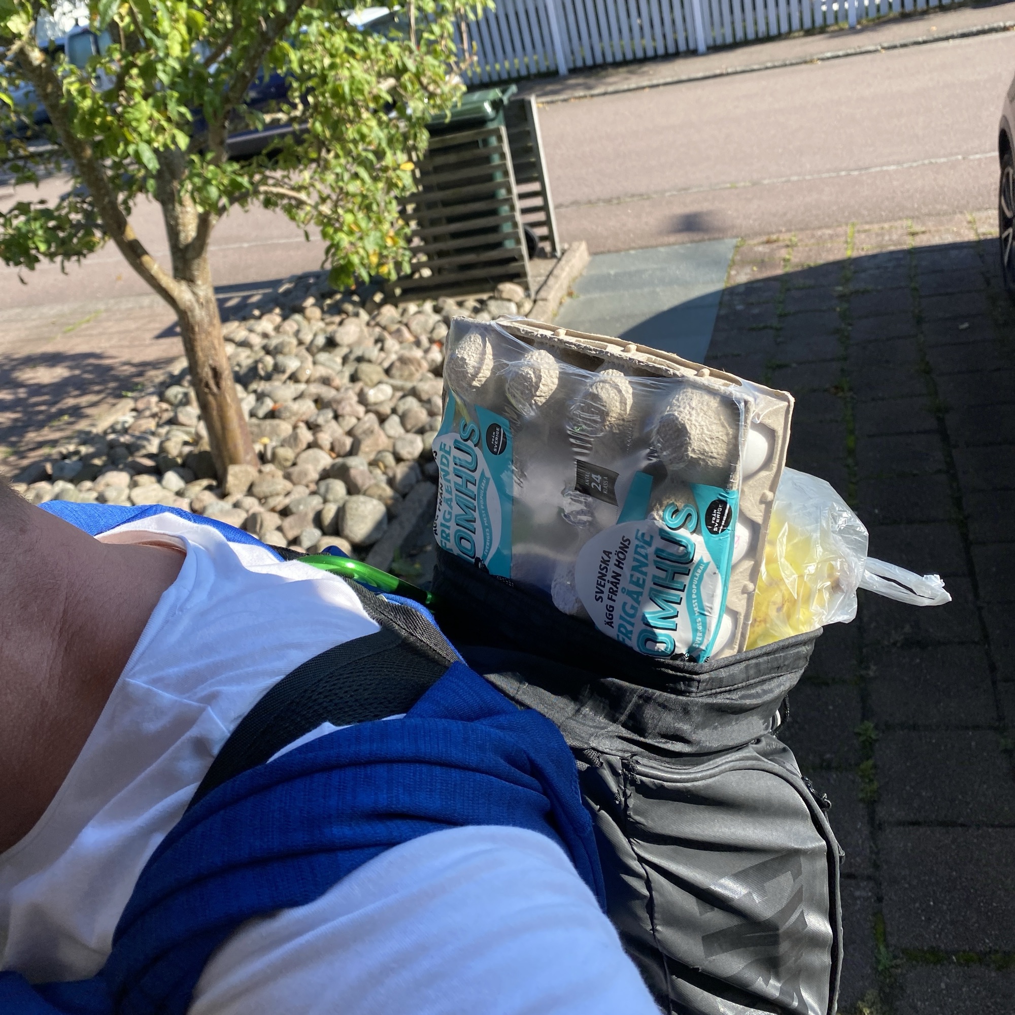 A full egg tray and a bag of groceries sit above a grey rucksack carried along a sunny pavement after a power walk.